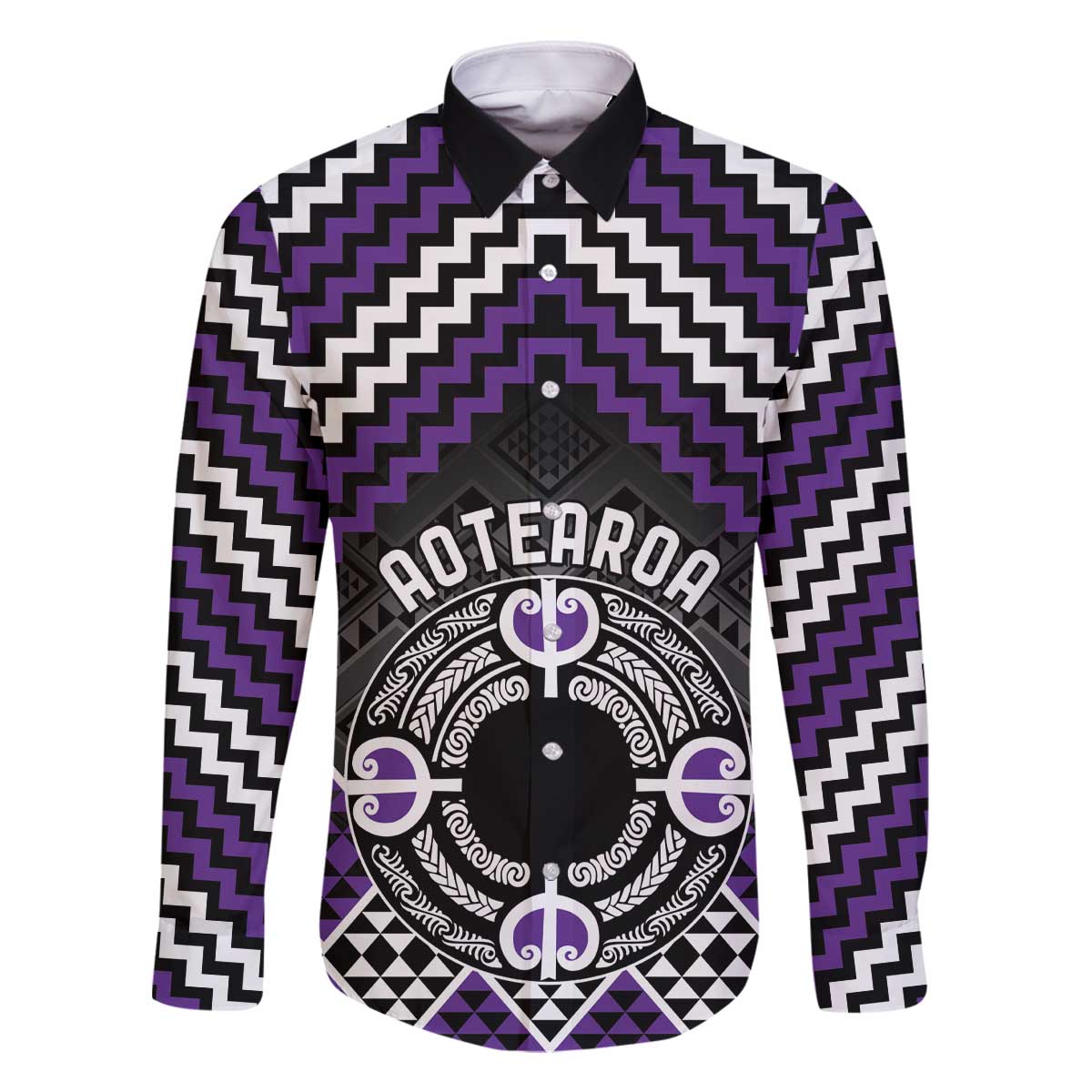 Personalised Aotearoa Niho Taniwha Motif Family Matching Off The Shoulder Long Sleeve Dress and Hawaiian Shirt Violet Style LT9 Dad's Shirt - Long Sleeve Violet - Polynesian Pride