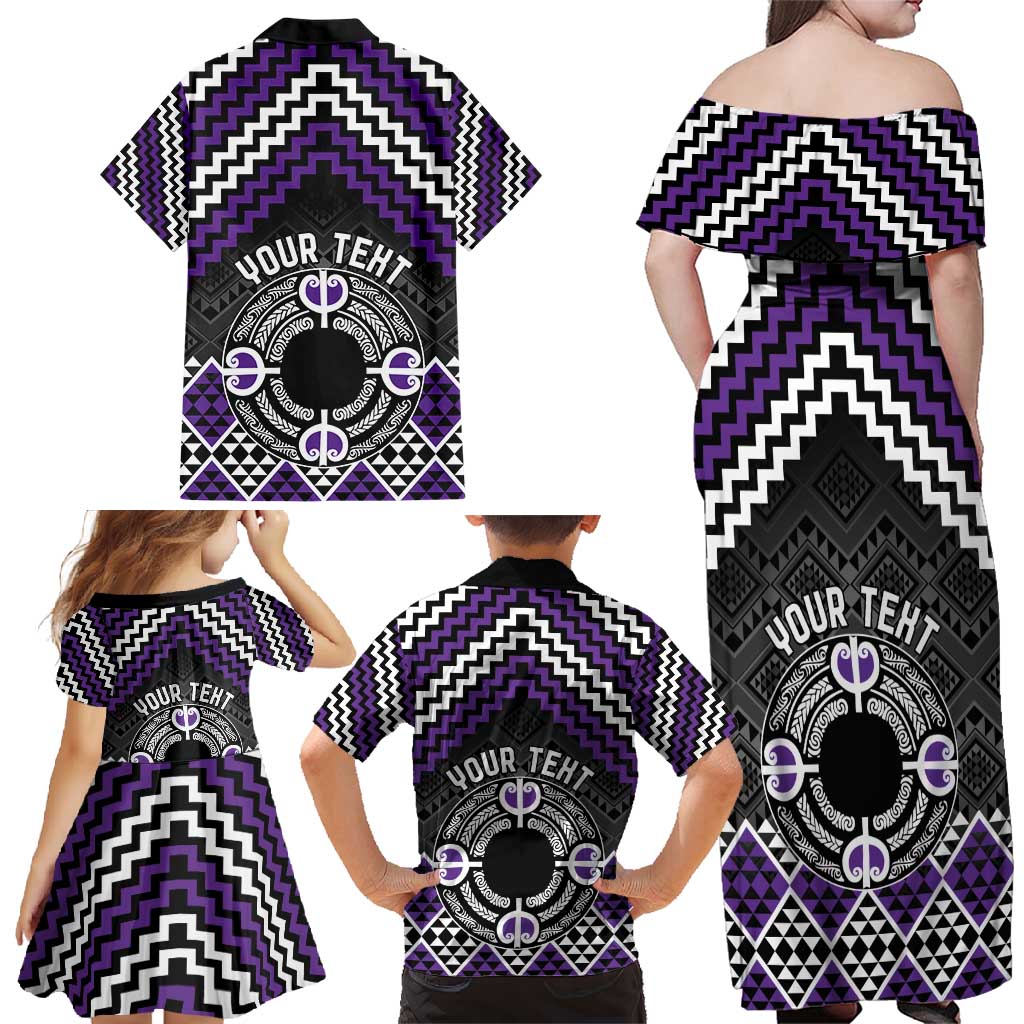 Personalised Aotearoa Niho Taniwha Motif Family Matching Off Shoulder Maxi Dress and Hawaiian Shirt Violet Style LT9 - Polynesian Pride