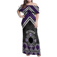Personalised Aotearoa Niho Taniwha Motif Family Matching Off Shoulder Maxi Dress and Hawaiian Shirt Violet Style LT9 Mom's Dress Violet - Polynesian Pride