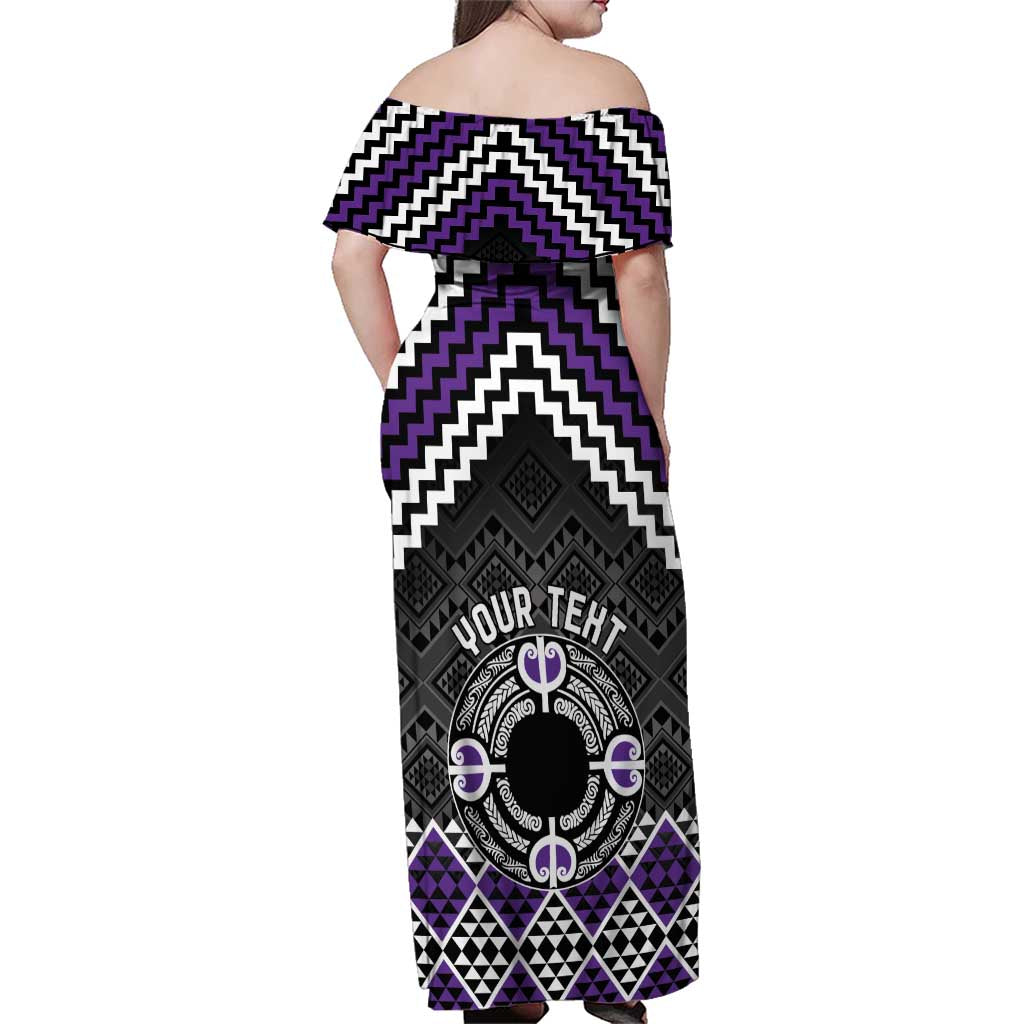 Personalised Aotearoa Niho Taniwha Motif Family Matching Off Shoulder Maxi Dress and Hawaiian Shirt Violet Style LT9 - Polynesian Pride