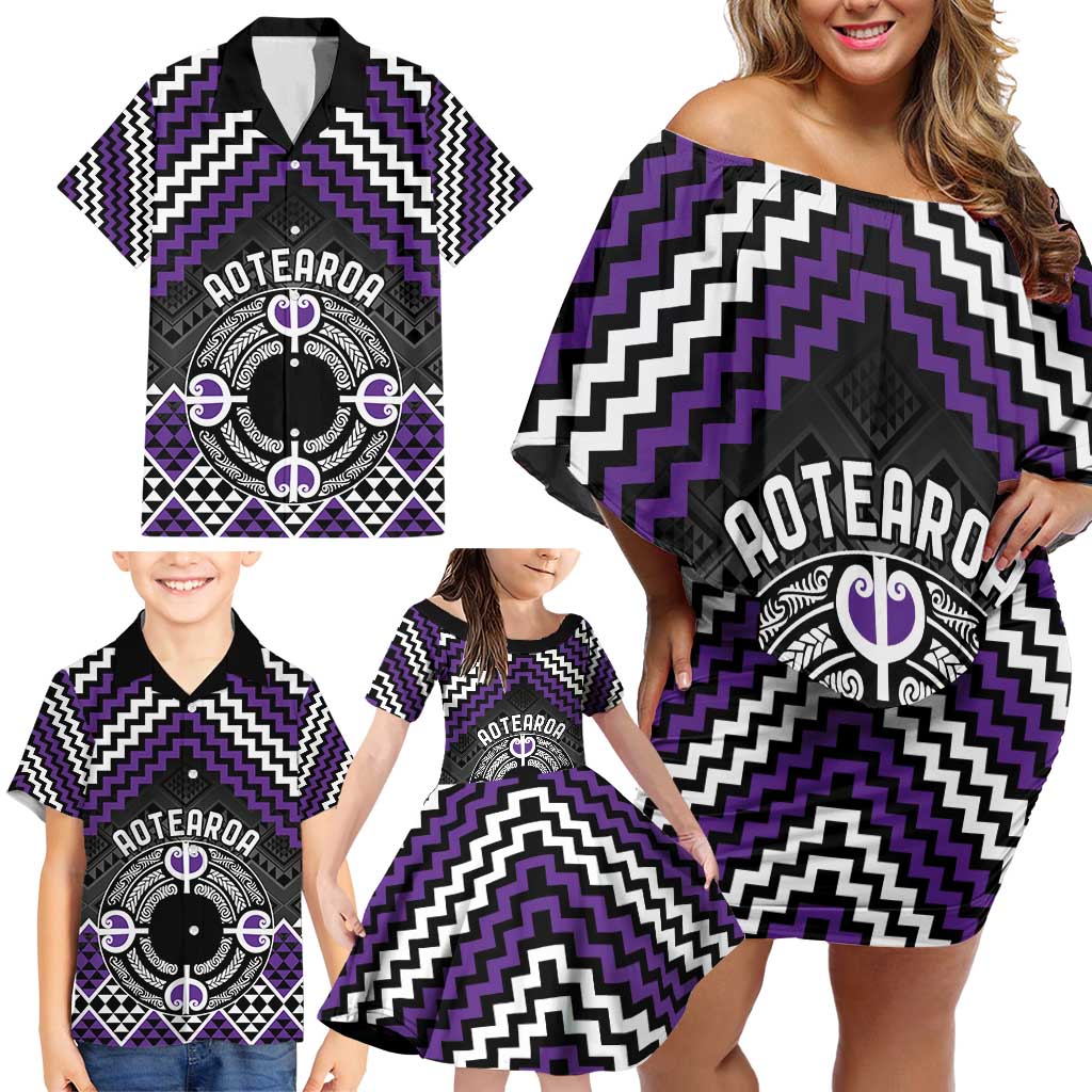 Personalised Aotearoa Niho Taniwha Motif Family Matching Off Shoulder Short Dress and Hawaiian Shirt Violet Style LT9 - Polynesian Pride