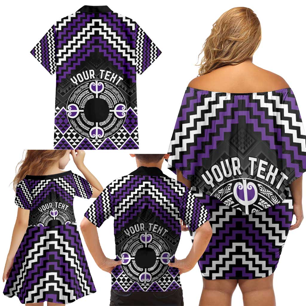 Personalised Aotearoa Niho Taniwha Motif Family Matching Off Shoulder Short Dress and Hawaiian Shirt Violet Style LT9 - Polynesian Pride