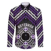 Personalised Aotearoa Niho Taniwha Motif Family Matching Off Shoulder Short Dress and Hawaiian Shirt Violet Style LT9 Dad's Shirt - Long Sleeve Violet - Polynesian Pride