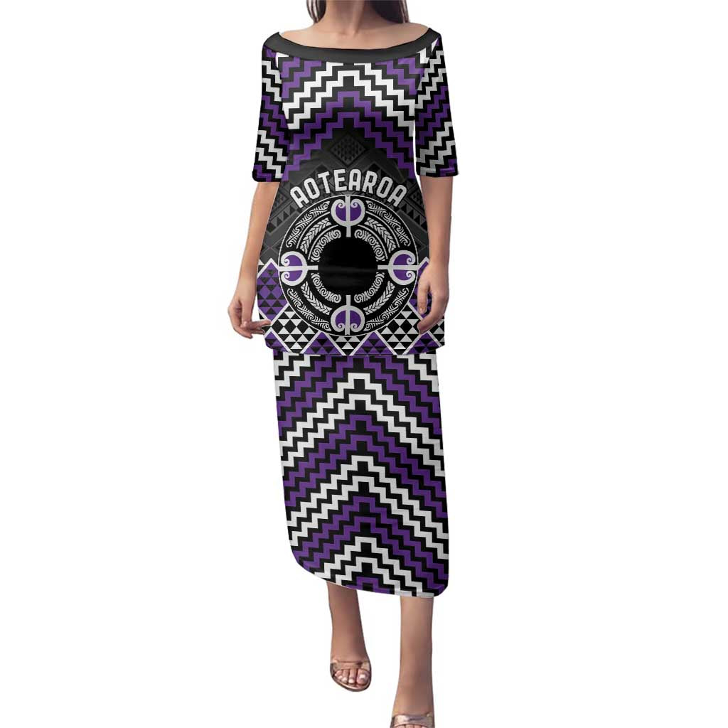 Personalised Aotearoa Niho Taniwha Motif Family Matching Puletasi and Hawaiian Shirt Violet Style LT9 Mom's Dress Violet - Polynesian Pride
