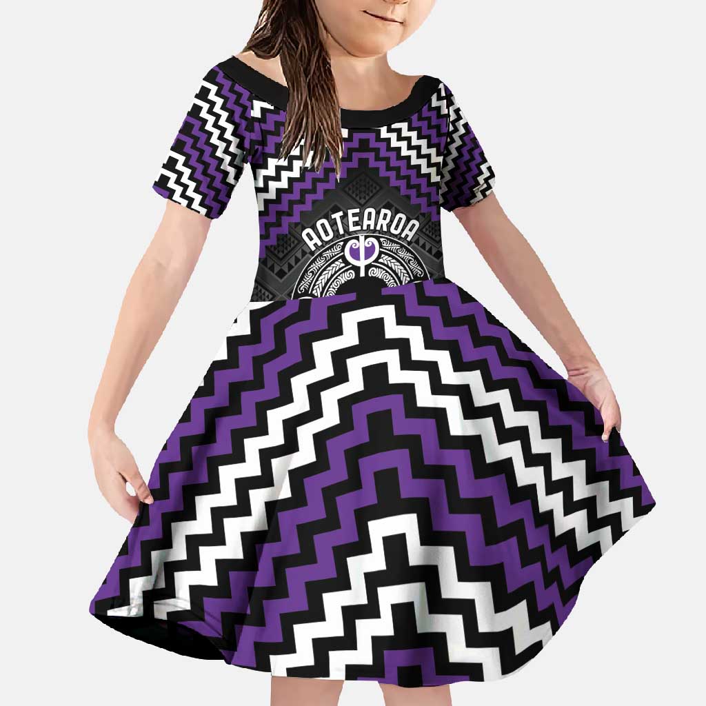 Personalised Aotearoa Niho Taniwha Motif Family Matching Short Sleeve Bodycon Dress and Hawaiian Shirt Violet Style LT9 Daughter's Dress Violet - Polynesian Pride