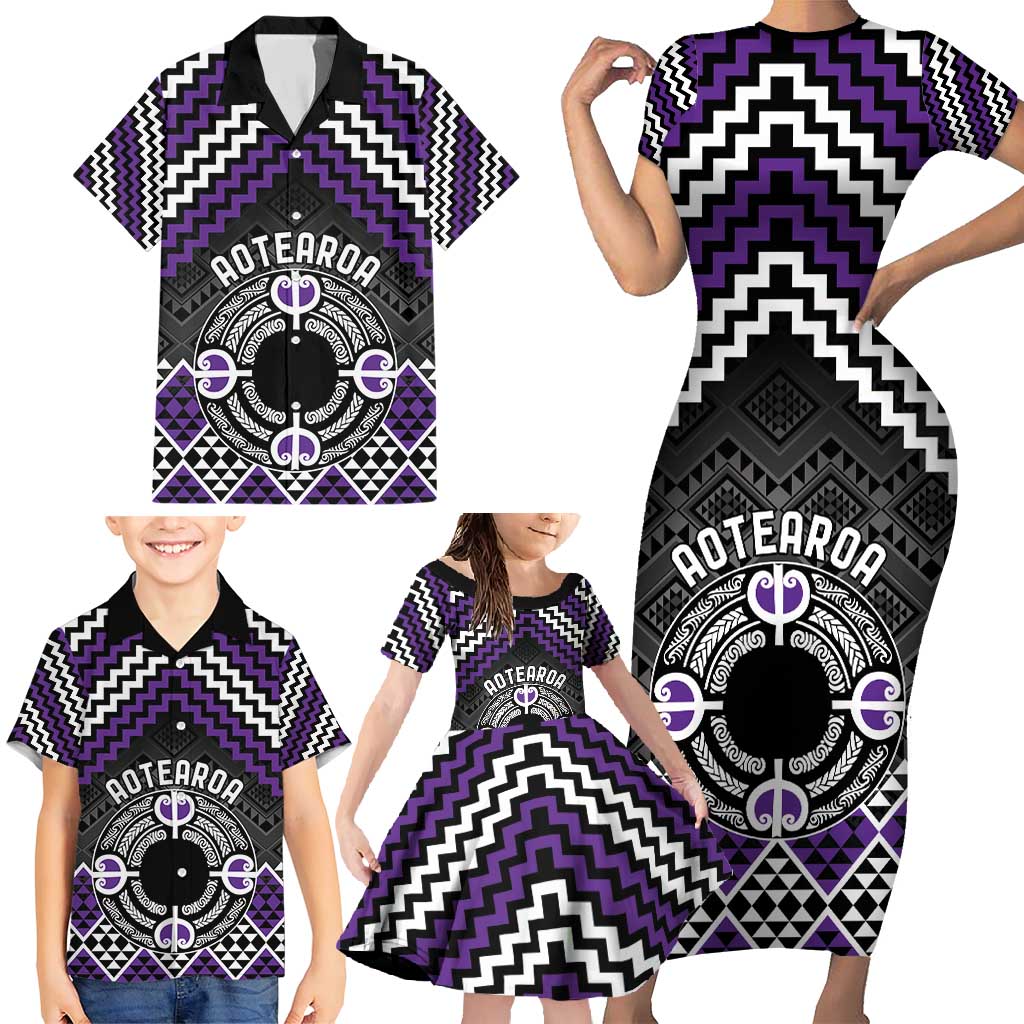 Personalised Aotearoa Niho Taniwha Motif Family Matching Short Sleeve Bodycon Dress and Hawaiian Shirt Violet Style LT9 - Polynesian Pride