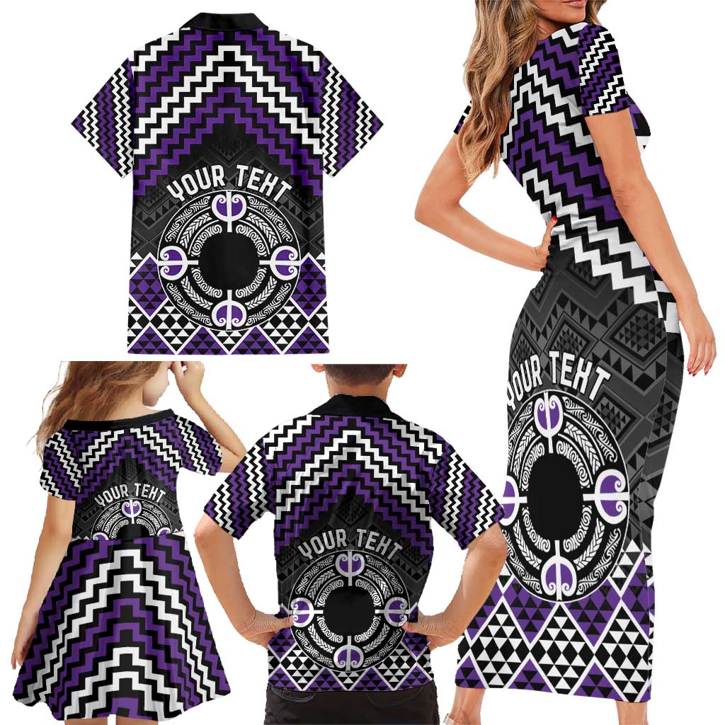 Personalised Aotearoa Niho Taniwha Motif Family Matching Short Sleeve Bodycon Dress and Hawaiian Shirt Violet Style LT9 - Polynesian Pride