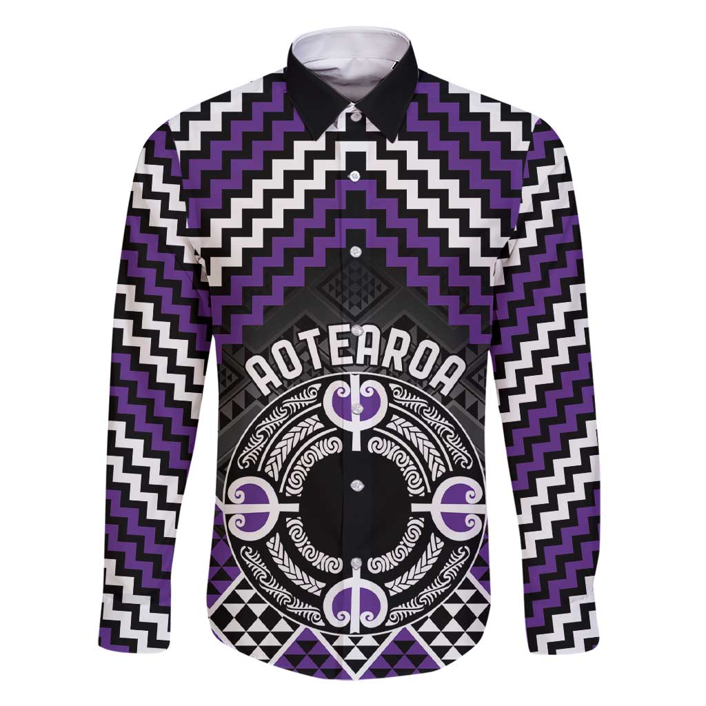 Personalised Aotearoa Niho Taniwha Motif Family Matching Short Sleeve Bodycon Dress and Hawaiian Shirt Violet Style LT9 Dad's Shirt - Long Sleeve Violet - Polynesian Pride