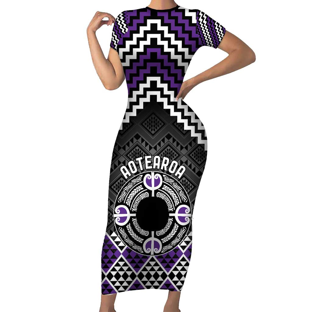 Personalised Aotearoa Niho Taniwha Motif Family Matching Short Sleeve Bodycon Dress and Hawaiian Shirt Violet Style LT9 Mom's Dress Violet - Polynesian Pride