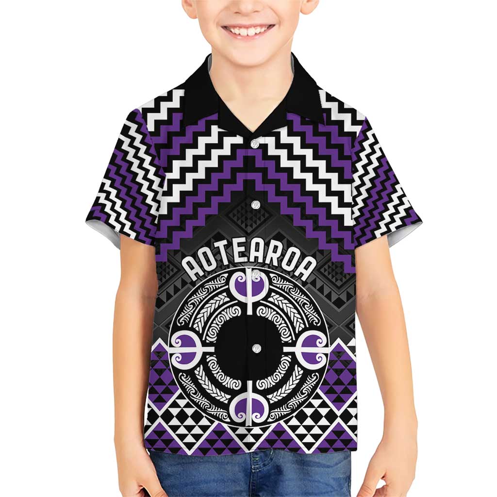 Personalised Aotearoa Niho Taniwha Motif Family Matching Short Sleeve Bodycon Dress and Hawaiian Shirt Violet Style LT9 Son's Shirt Violet - Polynesian Pride