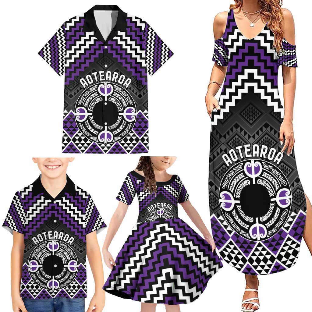 Personalised Aotearoa Niho Taniwha Motif Family Matching Summer Maxi Dress and Hawaiian Shirt Violet Style LT9 - Polynesian Pride