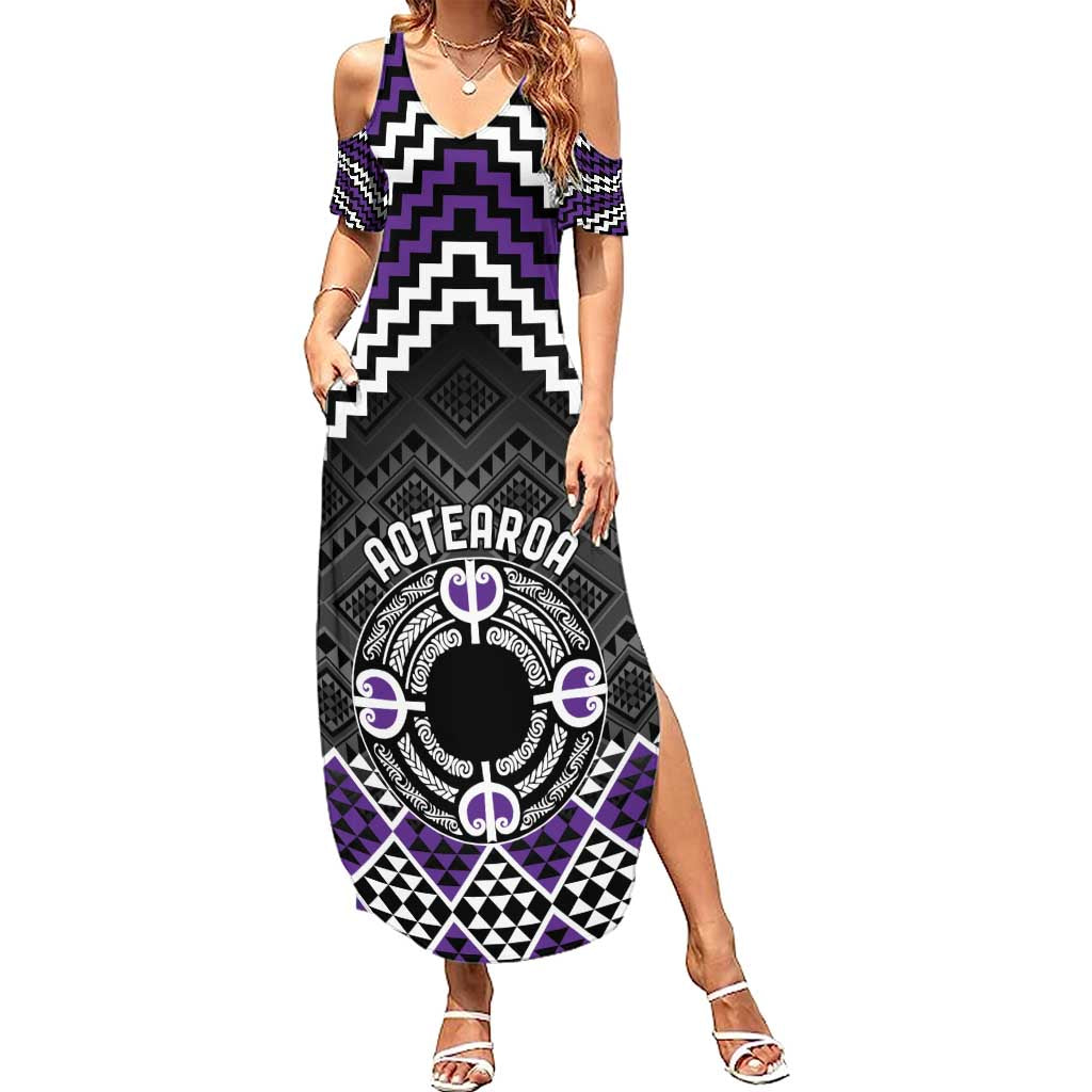 Personalised Aotearoa Niho Taniwha Motif Family Matching Summer Maxi Dress and Hawaiian Shirt Violet Style LT9 Mom's Dress Violet - Polynesian Pride
