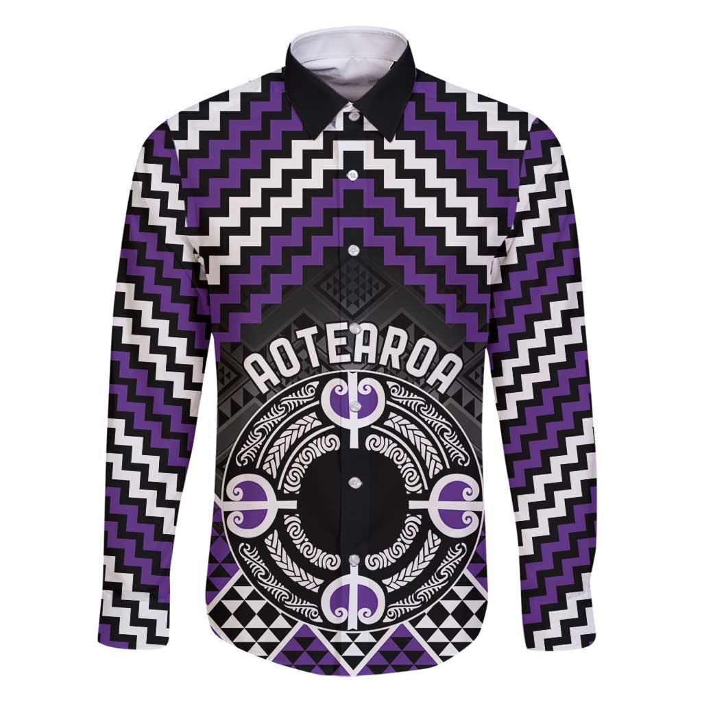 Personalised Aotearoa Niho Taniwha Motif Family Matching Tank Maxi Dress and Hawaiian Shirt Violet Style LT9 Dad's Shirt - Long Sleeve Violet - Polynesian Pride