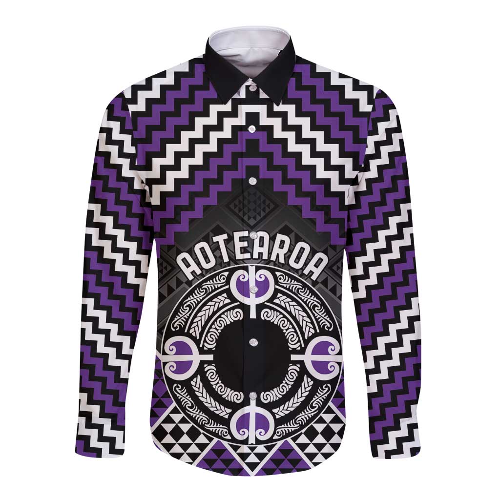 Personalised Aotearoa Niho Taniwha Motif Long Sleeve Button Shirt Violet Style LT9 Unisex Violet - Polynesian Pride