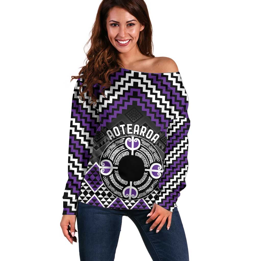 Personalised Aotearoa Niho Taniwha Motif Off Shoulder Sweater Violet Style LT9 Women Violet - Polynesian Pride