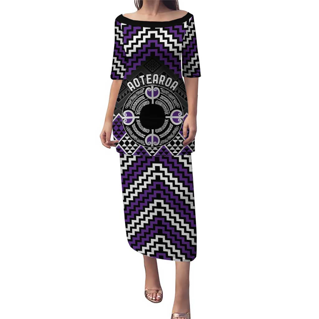 Personalised Aotearoa Niho Taniwha Motif Puletasi Violet Style LT9 Long Dress Violet - Polynesian Pride