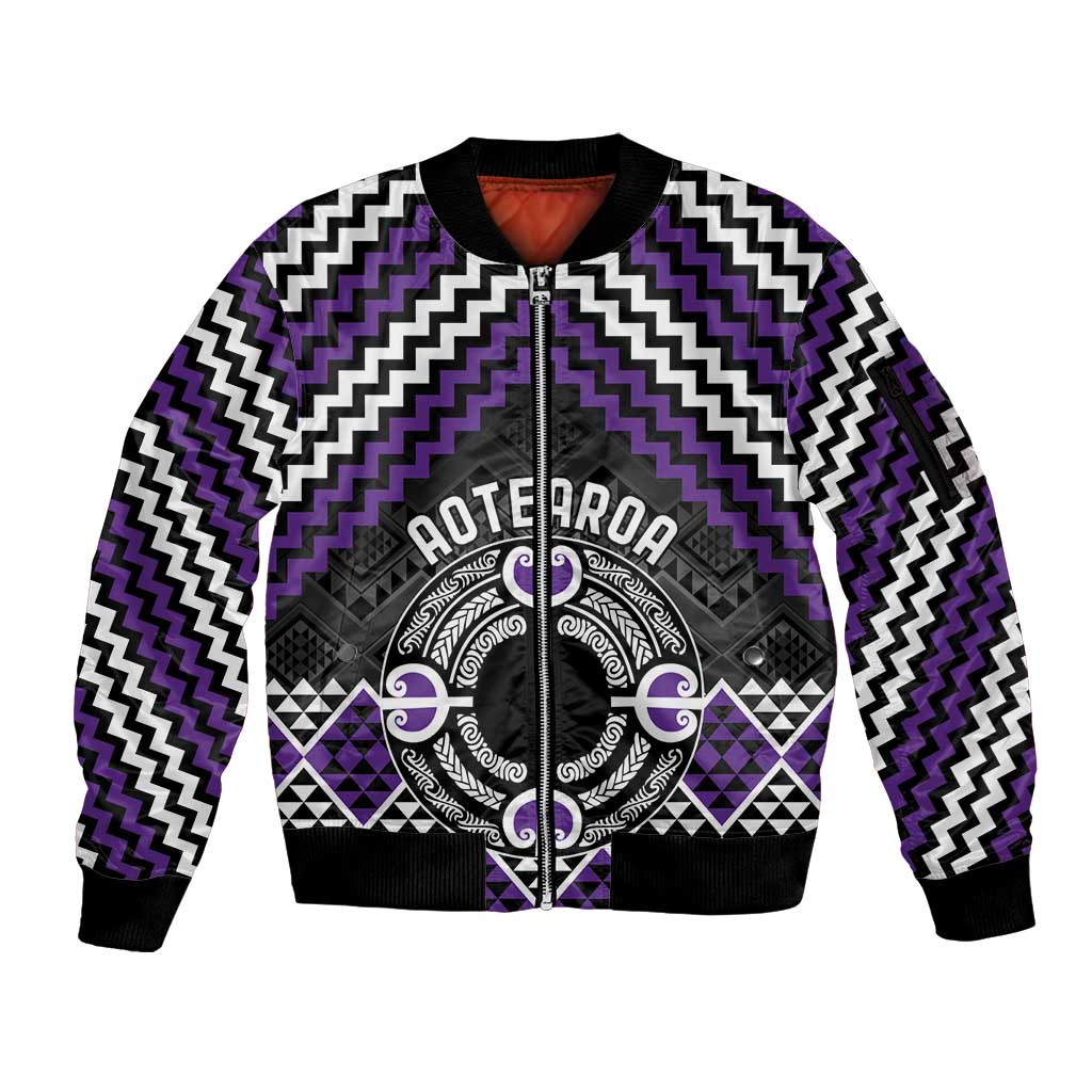 Personalised Aotearoa Niho Taniwha Motif Sleeve Zip Bomber Jacket Violet Style LT9 Unisex Violet - Polynesian Pride