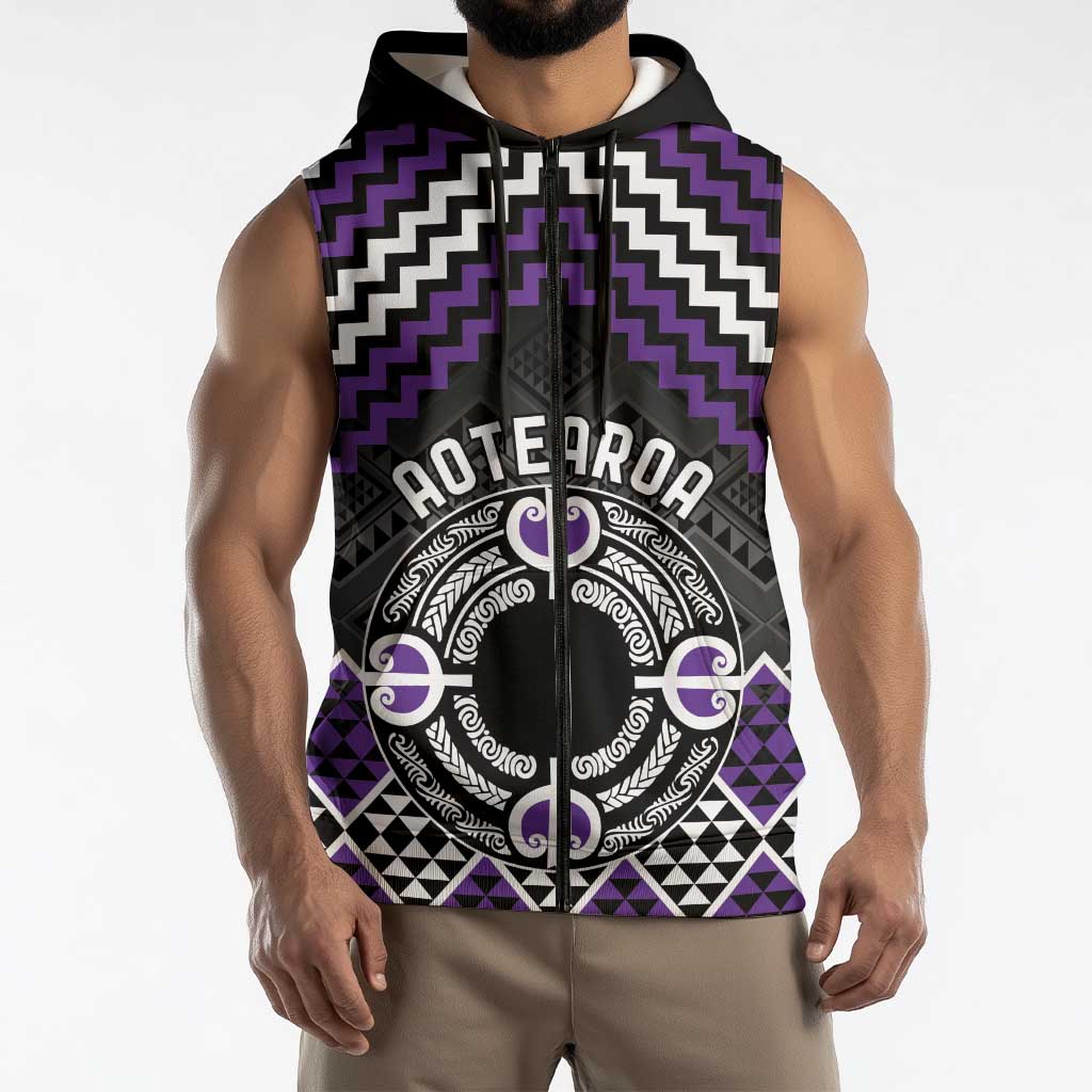 Personalised Aotearoa Niho Taniwha Motif Sleeveless Zip Hoodie Violet Style - Polynesian Pride