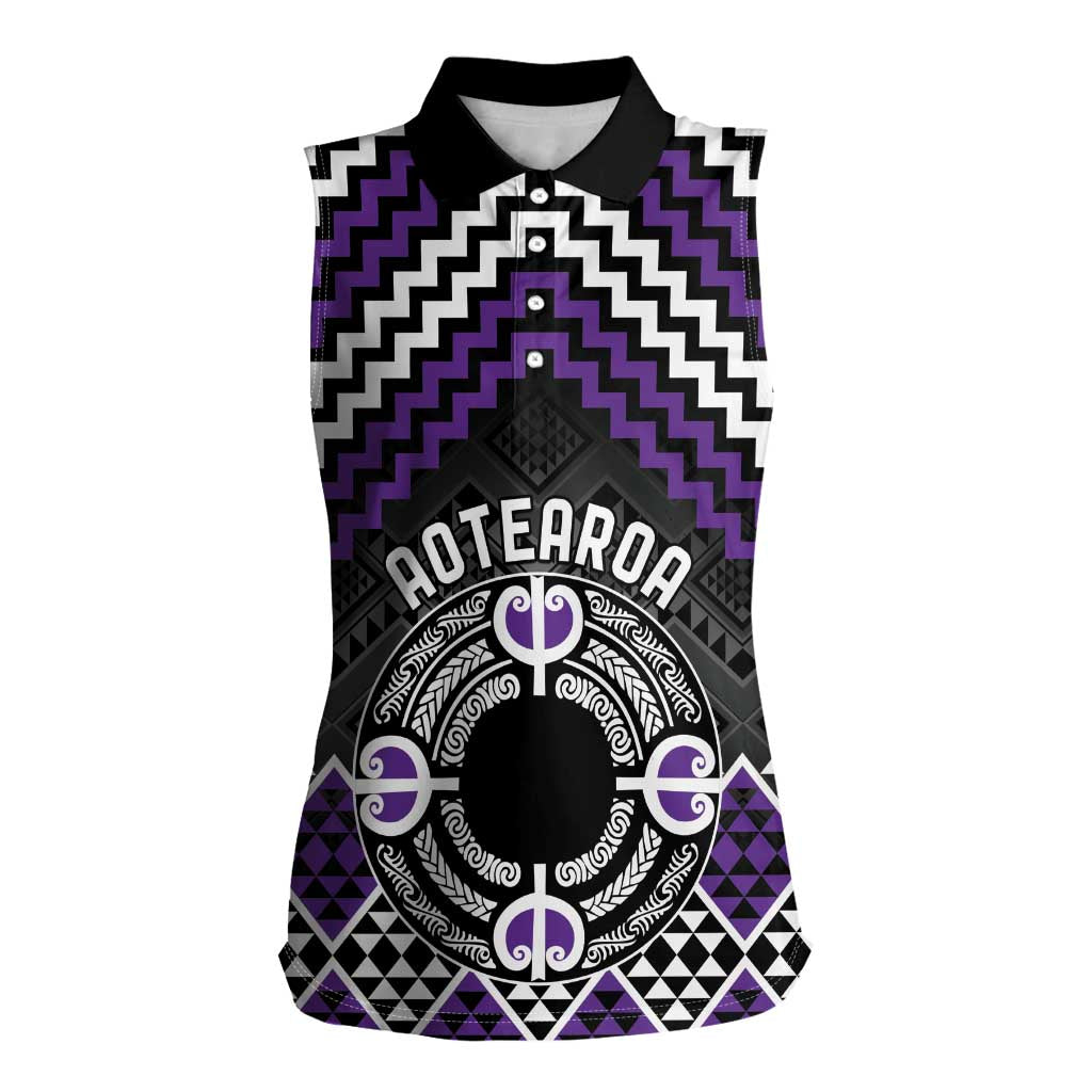 Personalised Aotearoa Niho Taniwha Motif Women Sleeveless Polo Shirt Violet Style LT9 Female Violet - Polynesian Pride