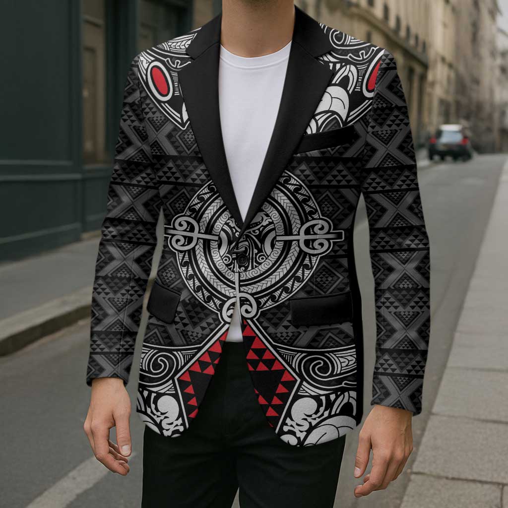 Black Aotearoa Taniko Motif Blazer Vintage Maori New Zealand Tribal Art Pattern LT9 - Polynesian Pride