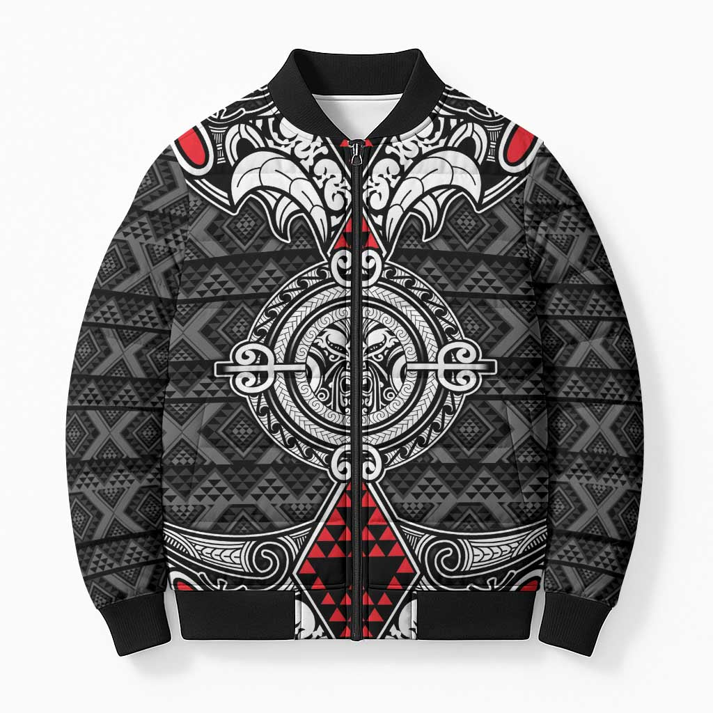 Black Aotearoa Taniko Motif Bomber Puffer Jacket Vintage Maori New Zealand Tribal Art Pattern LT9 Unisex Black - Polynesian Pride