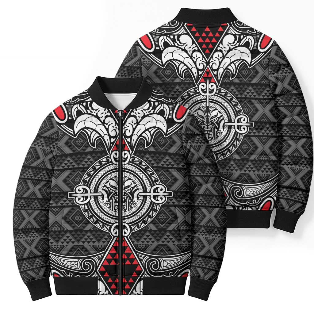 Black Aotearoa Taniko Motif Bomber Puffer Jacket Vintage Maori New Zealand Tribal Art Pattern LT9 - Polynesian Pride