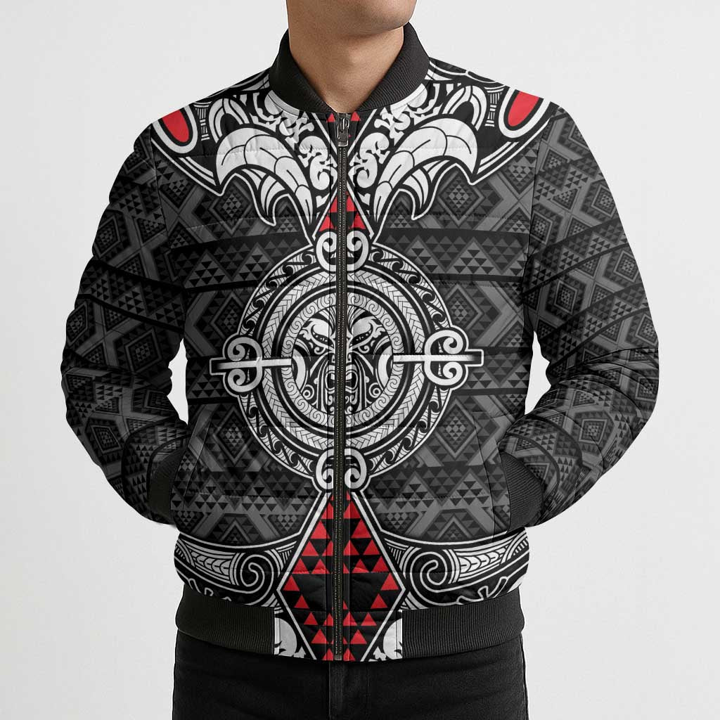 Black Aotearoa Taniko Motif Bomber Puffer Jacket Vintage Maori New Zealand Tribal Art Pattern LT9 - Polynesian Pride