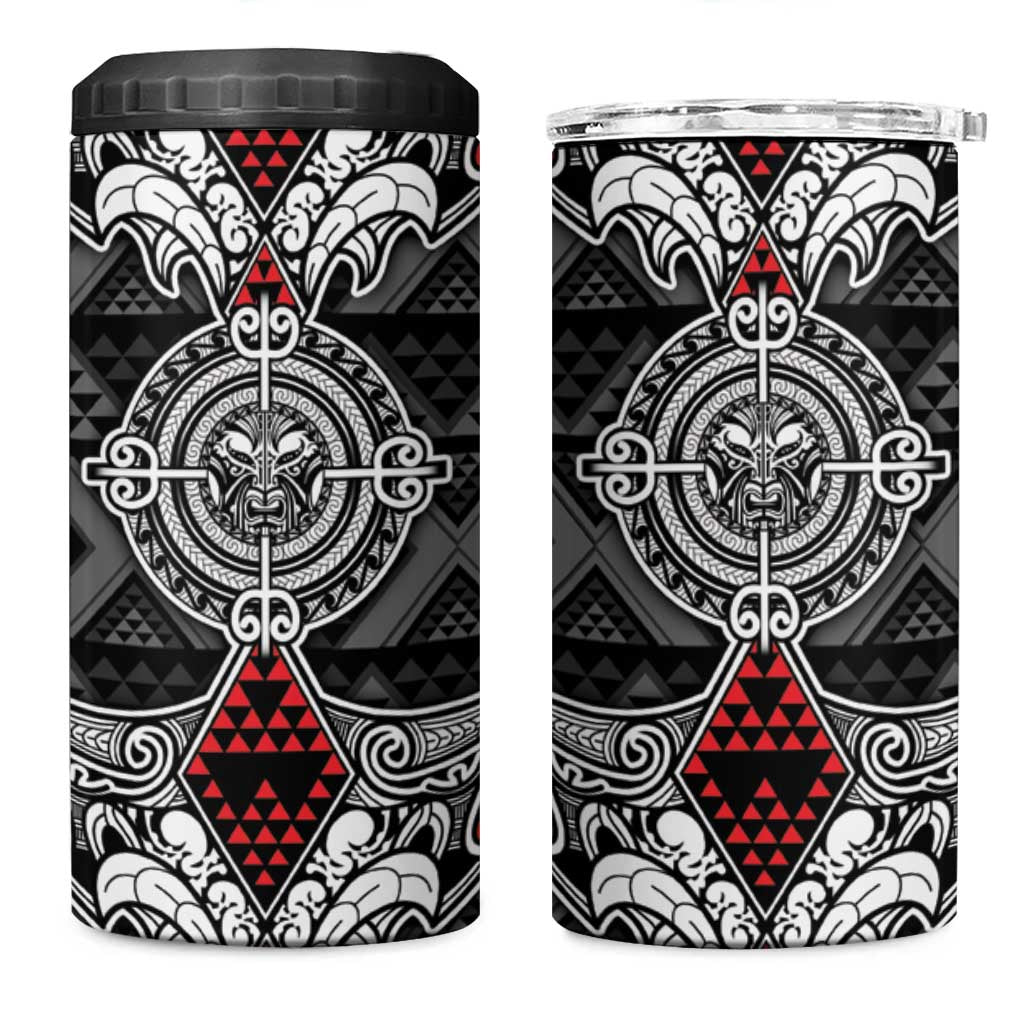 Black Aotearoa Taniko Motif 4 in 1 Can Cooler Tumbler Vintage Maori New Zealand Tribal Art Pattern LT9 One Size: 16 oz Black - Polynesian Pride