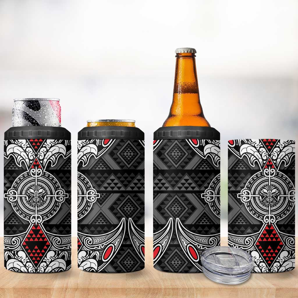Black Aotearoa Taniko Motif 4 in 1 Can Cooler Tumbler Vintage Maori New Zealand Tribal Art Pattern LT9 - Polynesian Pride