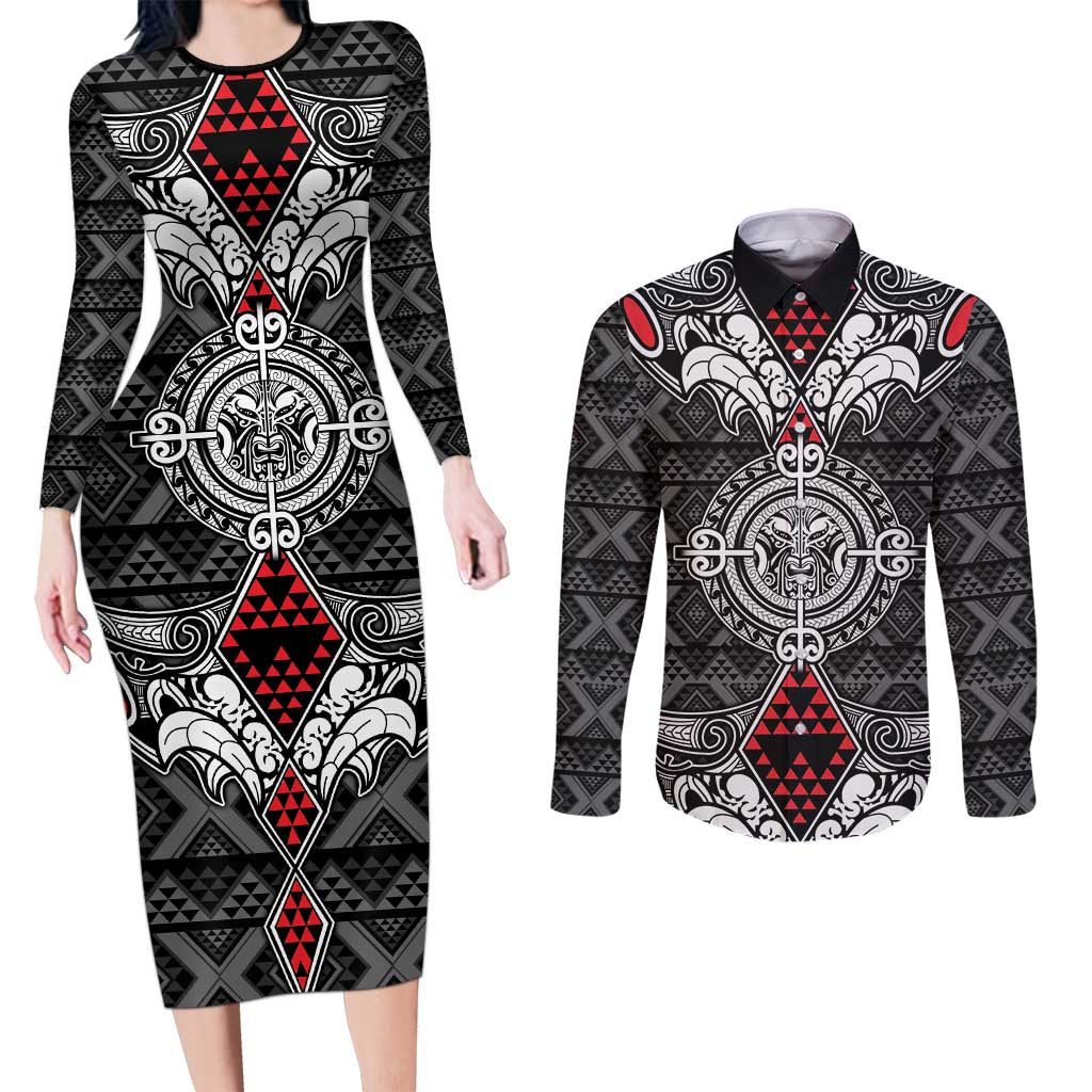 Black Aotearoa Tanilo Motif Couples Matching Long Sleeve Bodycon Dress and Long Sleeve Button Shirt Vintage Maori New Zealand Tribal Art Pattern LT9 Black - Polynesian Pride