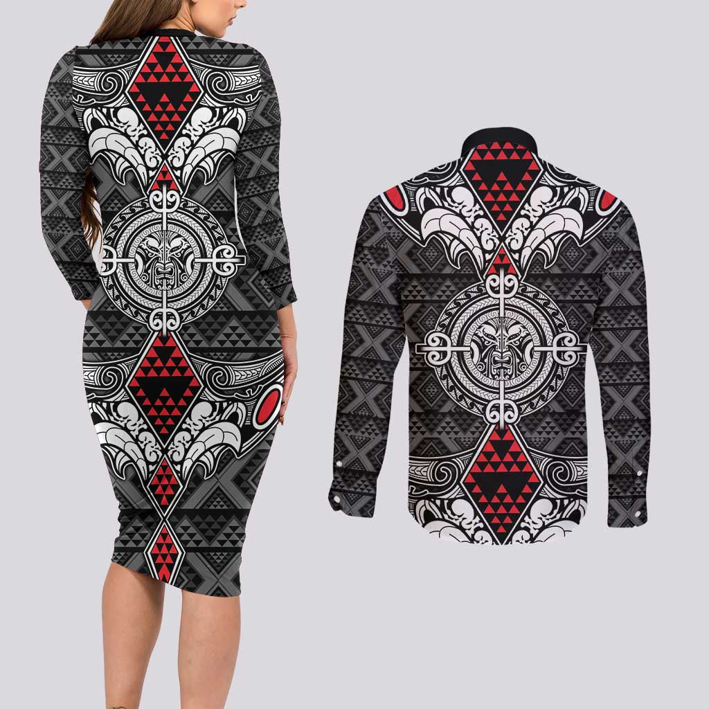 Black Aotearoa Tanilo Motif Couples Matching Long Sleeve Bodycon Dress and Long Sleeve Button Shirt Vintage Maori New Zealand Tribal Art Pattern LT9 - Polynesian Pride