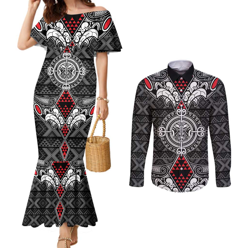 Black Aotearoa Tanilo Motif Couples Matching Mermaid Dress and Long Sleeve Button Shirt Vintage Maori New Zealand Tribal Art Pattern LT9 Black - Polynesian Pride