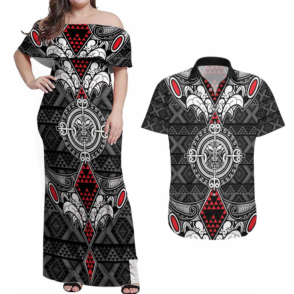 Black Aotearoa Tanilo Motif Couples Matching Off Shoulder Maxi Dress and Hawaiian Shirt Vintage Maori New Zealand Tribal Art Pattern LT9 Black - Polynesian Pride