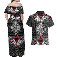 Black Aotearoa Tanilo Motif Couples Matching Off Shoulder Maxi Dress and Hawaiian Shirt Vintage Maori New Zealand Tribal Art Pattern LT9 - Polynesian Pride