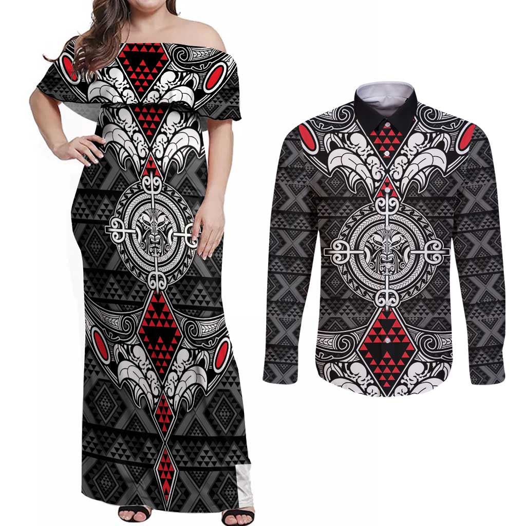 Black Aotearoa Tanilo Motif Couples Matching Off Shoulder Maxi Dress and Long Sleeve Button Shirt Vintage Maori New Zealand Tribal Art Pattern LT9 Black - Polynesian Pride