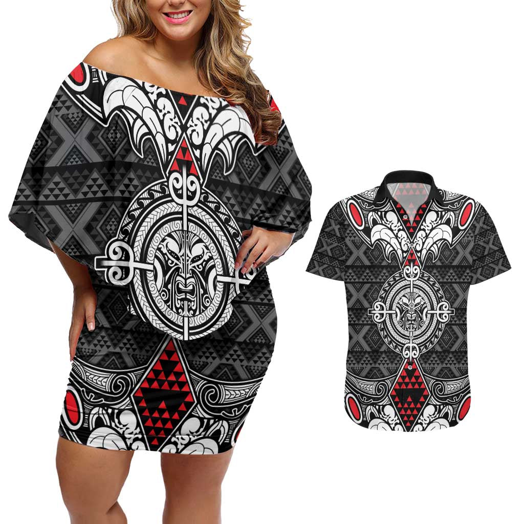 Black Aotearoa Tanilo Motif Couples Matching Off Shoulder Short Dress and Hawaiian Shirt Vintage Maori New Zealand Tribal Art Pattern LT9 Black - Polynesian Pride