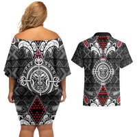 Black Aotearoa Tanilo Motif Couples Matching Off Shoulder Short Dress and Hawaiian Shirt Vintage Maori New Zealand Tribal Art Pattern LT9 - Polynesian Pride