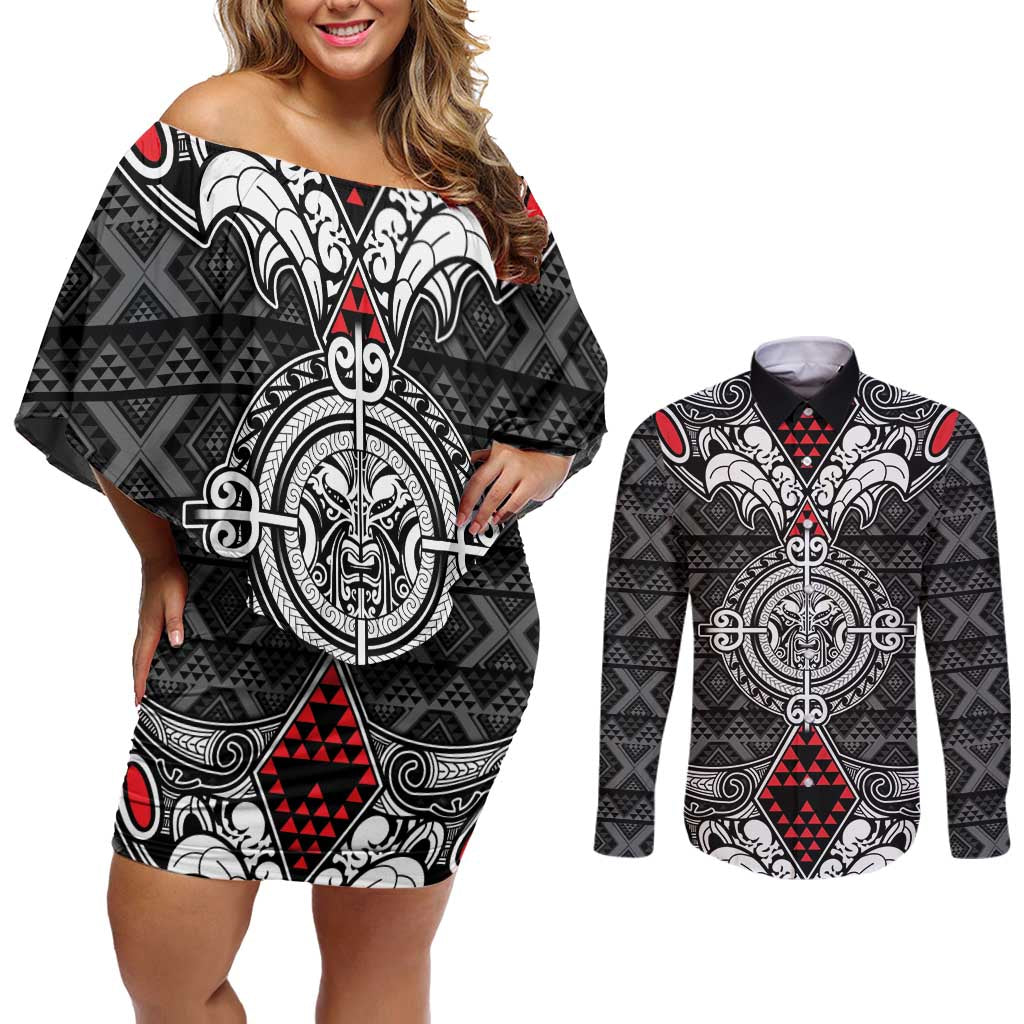 Black Aotearoa Tanilo Motif Couples Matching Off Shoulder Short Dress and Long Sleeve Button Shirt Vintage Maori New Zealand Tribal Art Pattern LT9 Black - Polynesian Pride