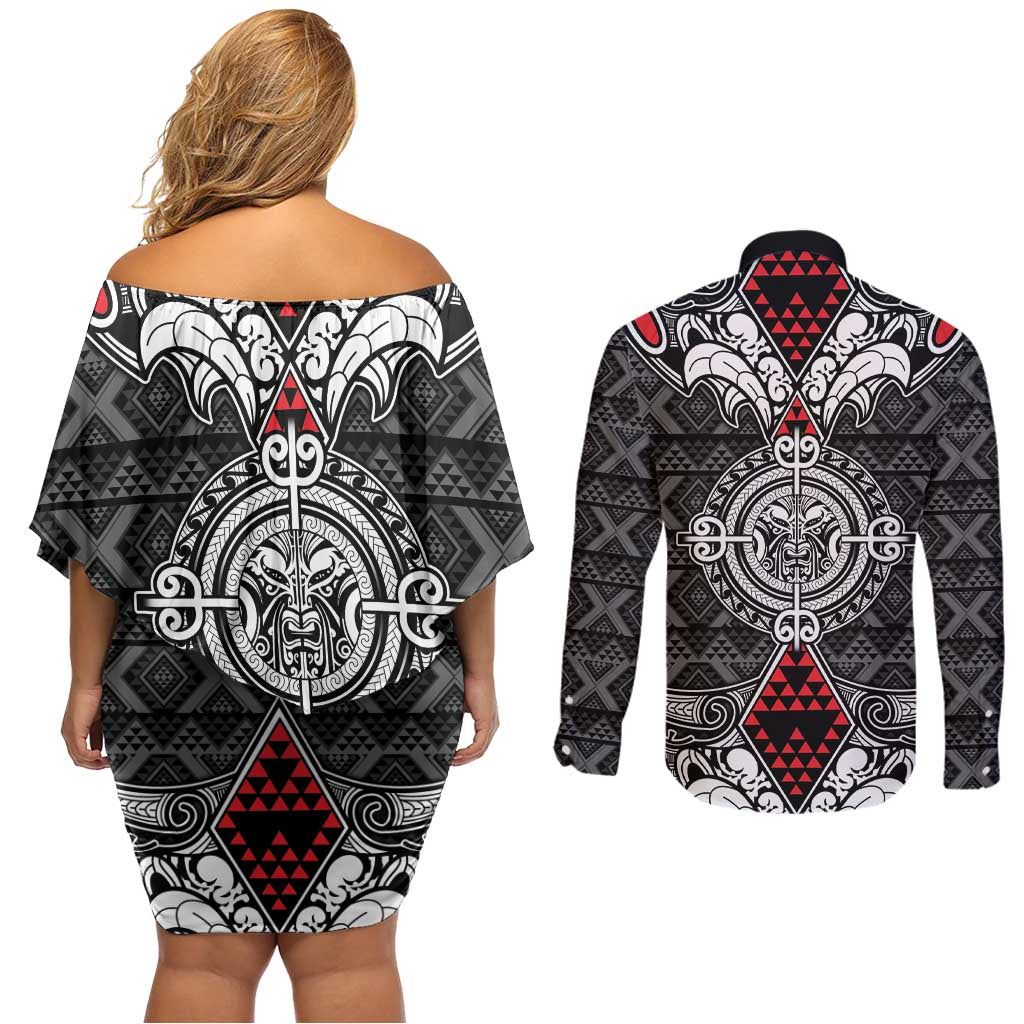 Black Aotearoa Tanilo Motif Couples Matching Off Shoulder Short Dress and Long Sleeve Button Shirt Vintage Maori New Zealand Tribal Art Pattern LT9 - Polynesian Pride