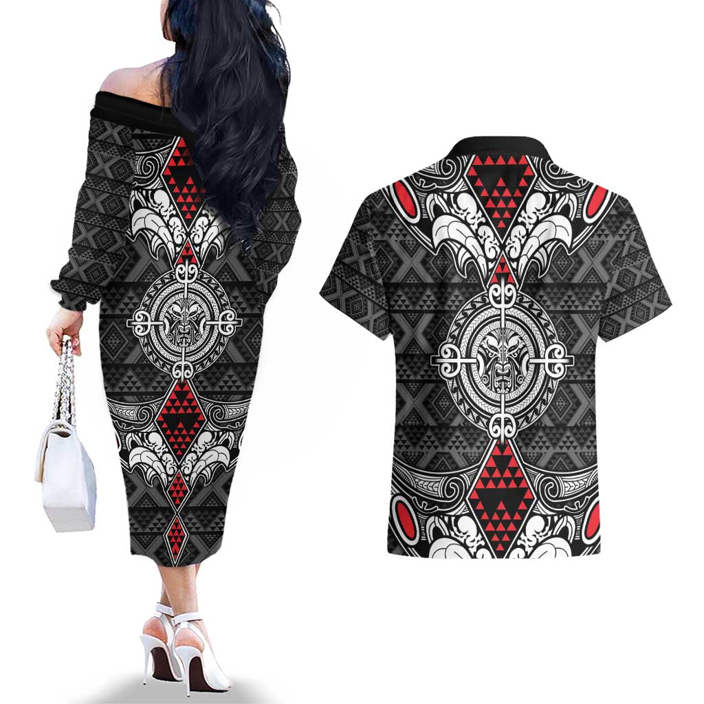Black Aotearoa Tanilo Motif Couples Matching Off The Shoulder Long Sleeve Dress and Hawaiian Shirt Vintage Maori New Zealand Tribal Art Pattern LT9 - Polynesian Pride