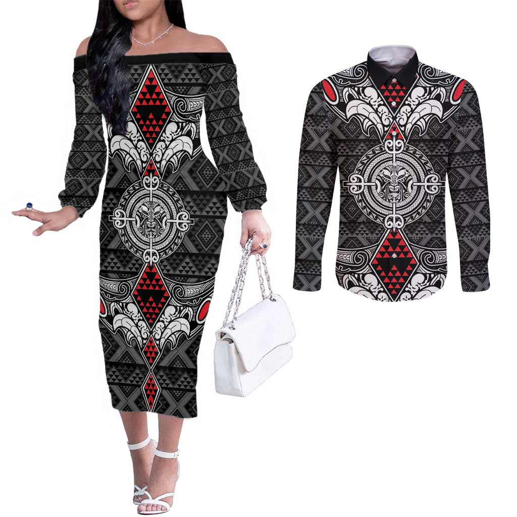 Black Aotearoa Tanilo Motif Couples Matching Off The Shoulder Long Sleeve Dress and Long Sleeve Button Shirt Vintage Maori New Zealand Tribal Art Pattern LT9 Black - Polynesian Pride