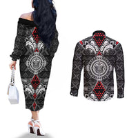 Black Aotearoa Tanilo Motif Couples Matching Off The Shoulder Long Sleeve Dress and Long Sleeve Button Shirt Vintage Maori New Zealand Tribal Art Pattern LT9 - Polynesian Pride