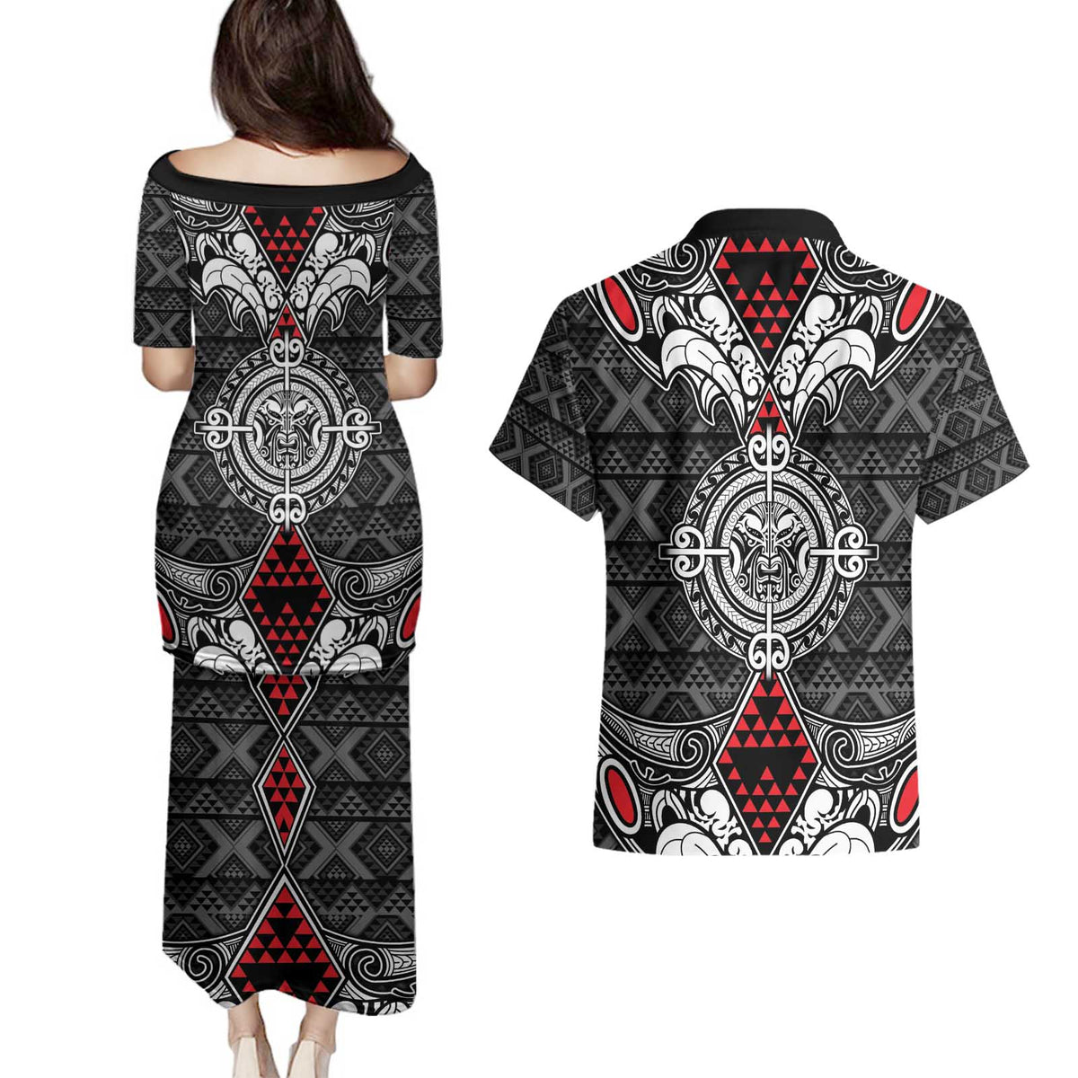 Black Aotearoa Tanilo Motif Couples Matching Puletasi and Hawaiian Shirt Vintage Maori New Zealand Tribal Art Pattern LT9 - Polynesian Pride