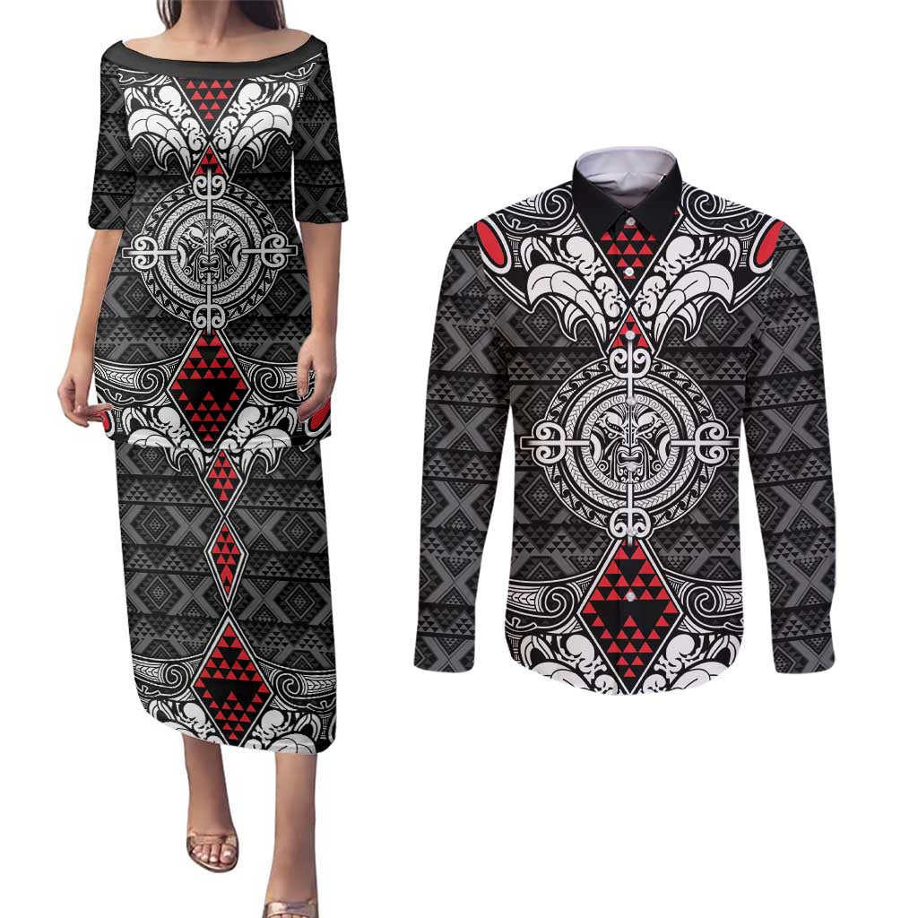 Black Aotearoa Tanilo Motif Couples Matching Puletasi and Long Sleeve Button Shirt Vintage Maori New Zealand Tribal Art Pattern LT9 Black - Polynesian Pride