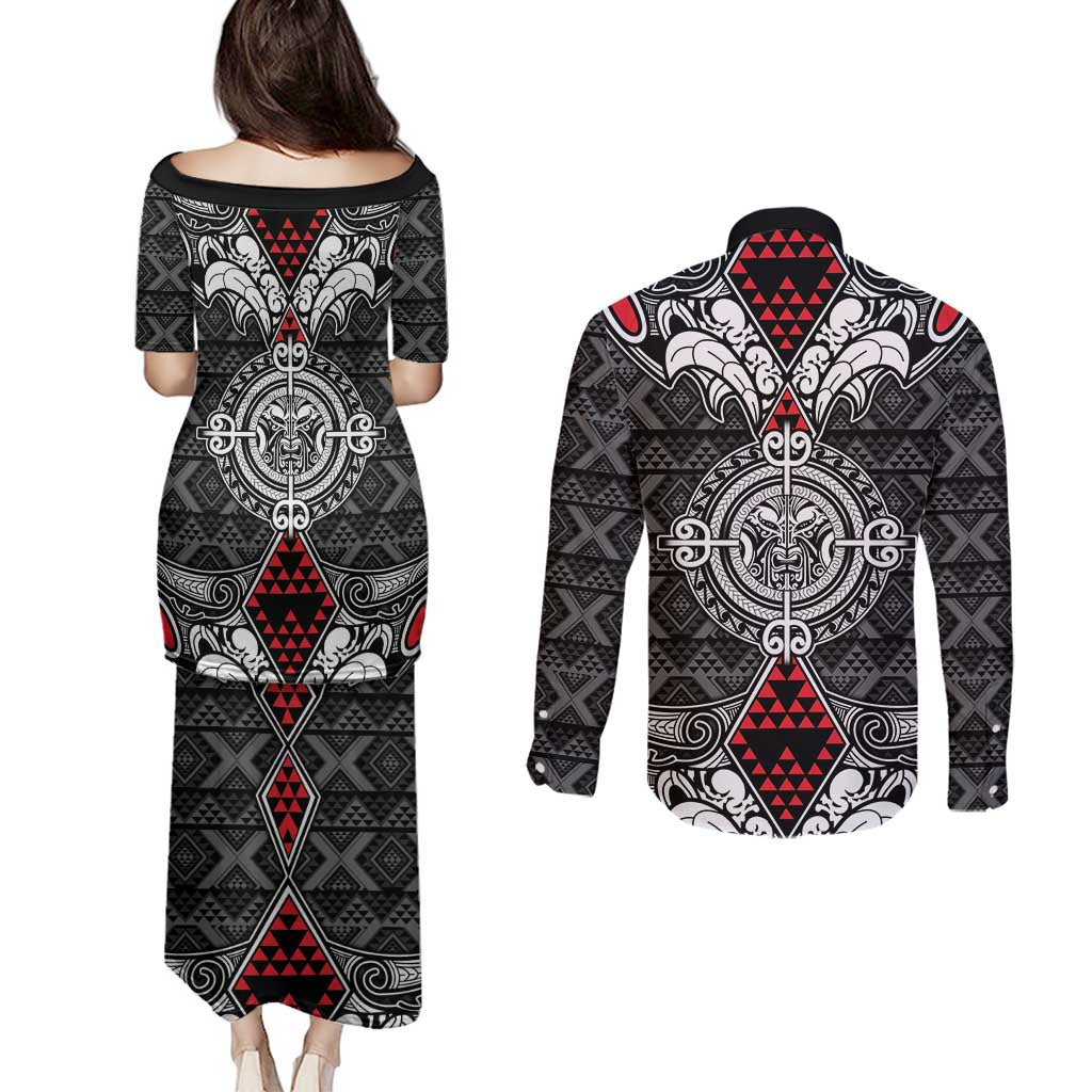 Black Aotearoa Tanilo Motif Couples Matching Puletasi and Long Sleeve Button Shirt Vintage Maori New Zealand Tribal Art Pattern LT9 - Polynesian Pride