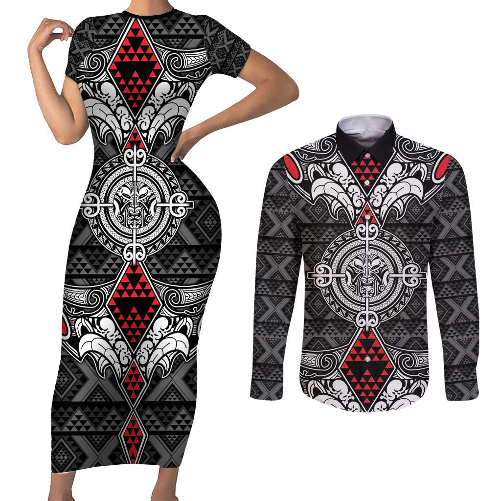 Black Aotearoa Tanilo Motif Couples Matching Short Sleeve Bodycon Dress and Long Sleeve Button Shirt Vintage Maori New Zealand Tribal Art Pattern LT9 Black - Polynesian Pride