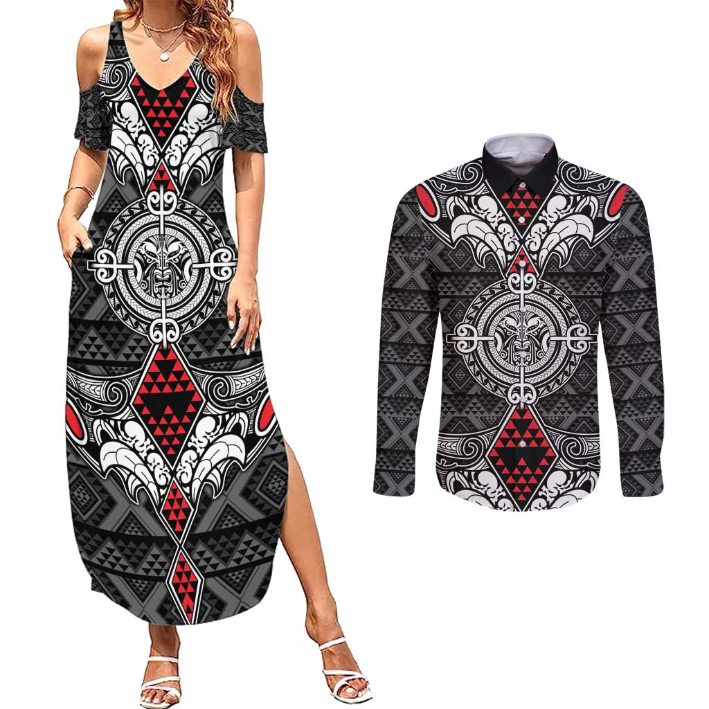Black Aotearoa Tanilo Motif Couples Matching Summer Maxi Dress and Long Sleeve Button Shirt Vintage Maori New Zealand Tribal Art Pattern LT9 Black - Polynesian Pride
