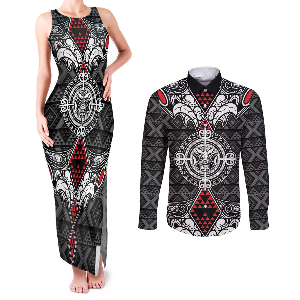 Black Aotearoa Tanilo Motif Couples Matching Tank Maxi Dress and Long Sleeve Button Shirt Vintage Maori New Zealand Tribal Art Pattern LT9 Black - Polynesian Pride