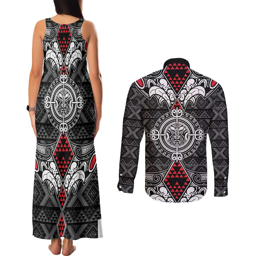 Black Aotearoa Tanilo Motif Couples Matching Tank Maxi Dress and Long Sleeve Button Shirt Vintage Maori New Zealand Tribal Art Pattern LT9 - Polynesian Pride