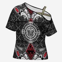 Black Aotearoa Taniko Motif Cross Shoulder Shirt Vintage Maori New Zealand Tribal Art Pattern LT9 Female Black - Polynesian Pride
